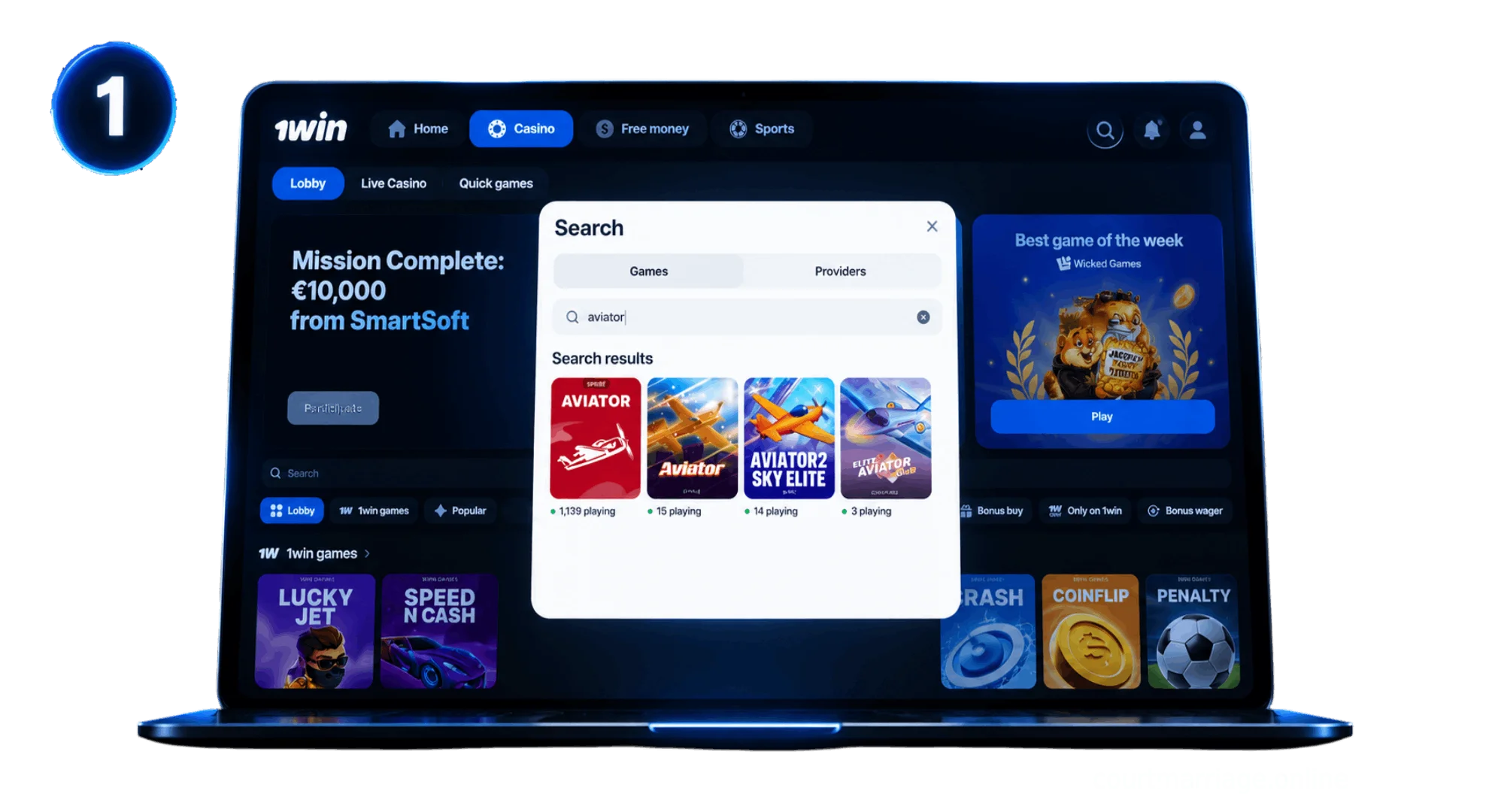 Step 1 find Aviator game in 1win casino lobby search bar