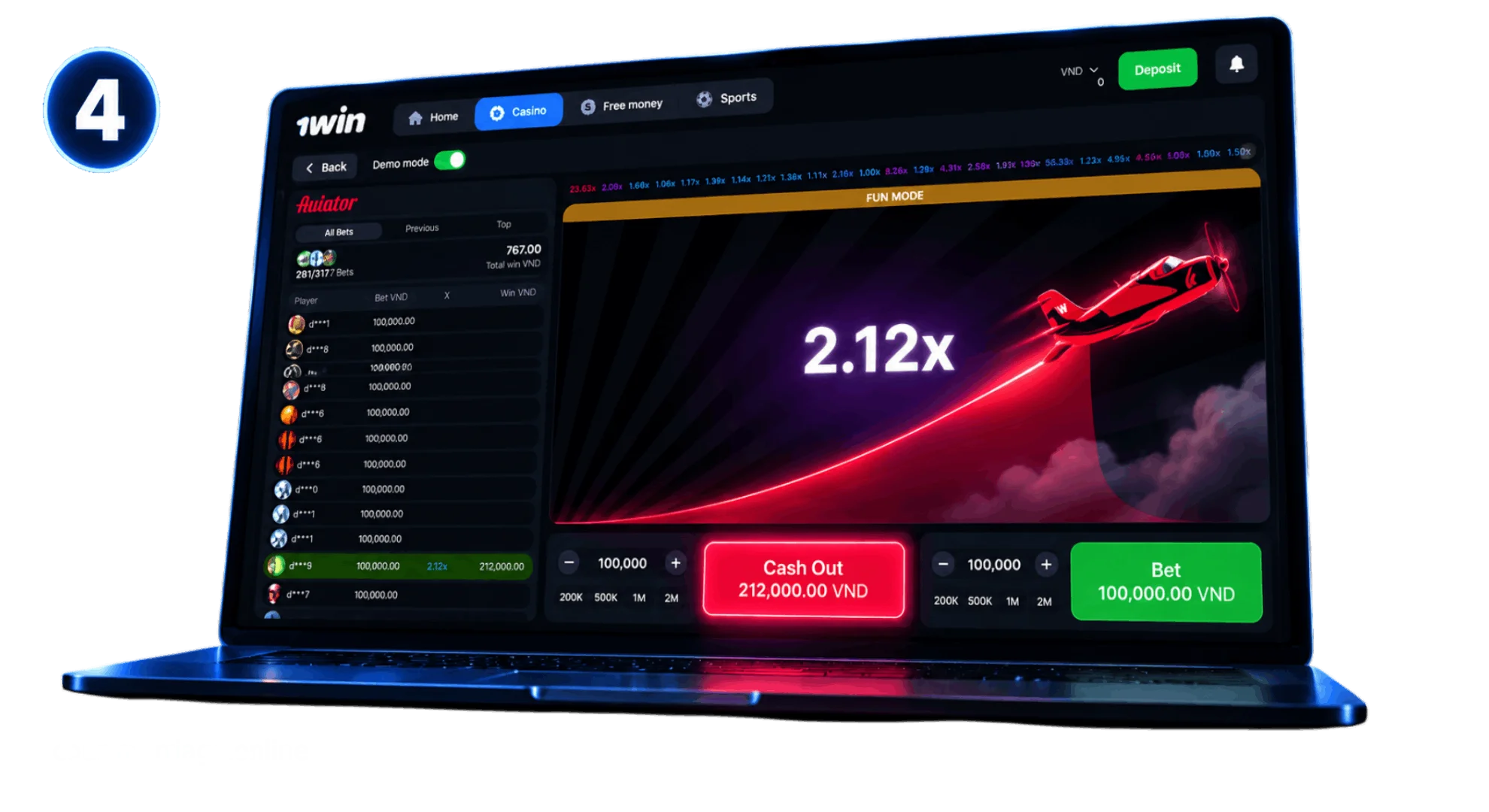 Step 4 watch flight multiplier and cash out before plane crashes