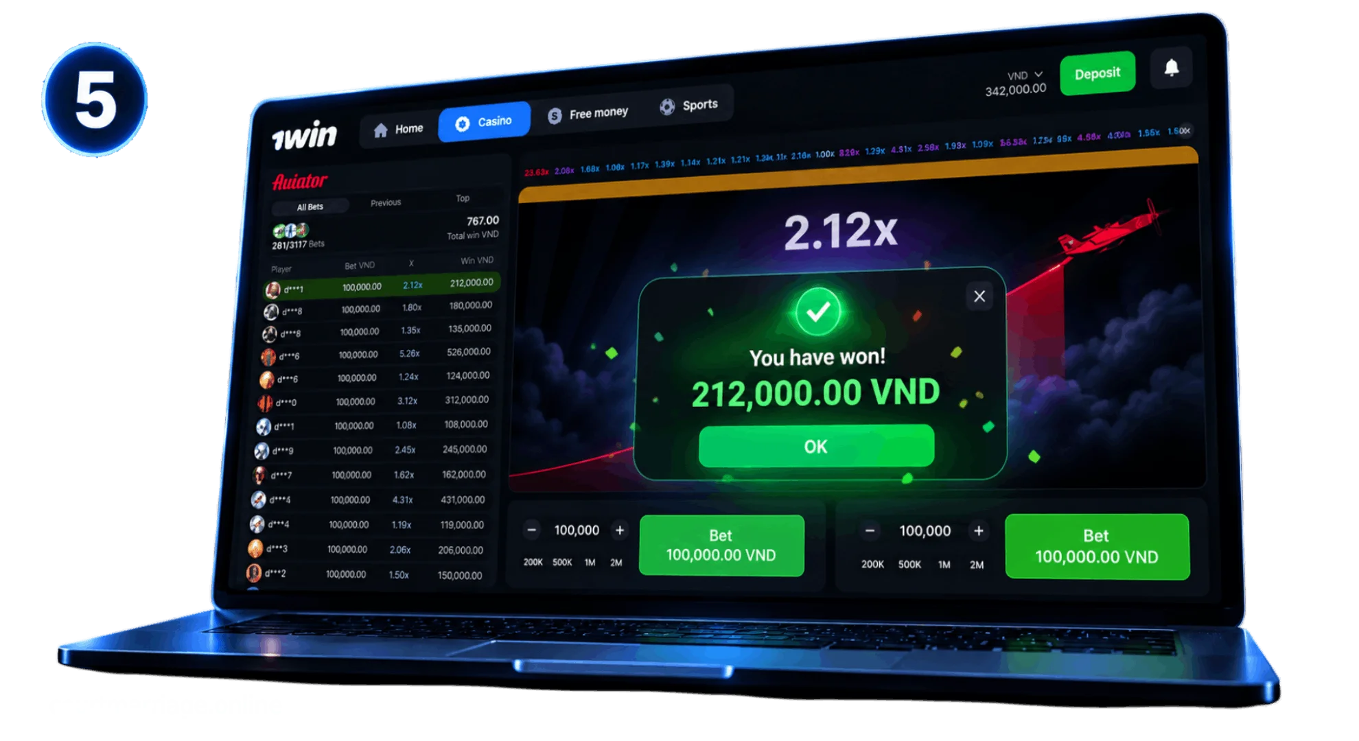 Step 5 receive instant Aviator winnings to balance in VND